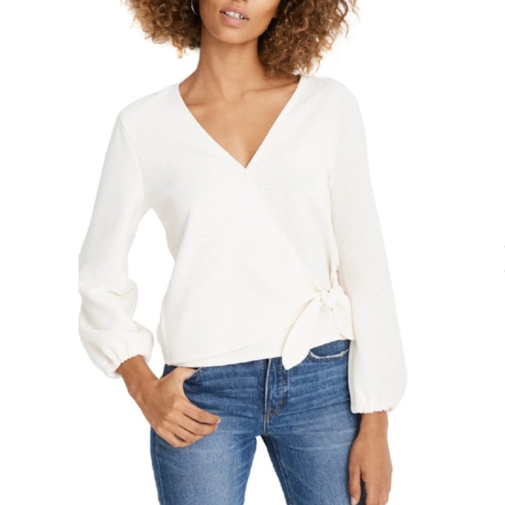 Like New Madewell Texture & Thread Cream Ivory Crepe Wrap Top Small